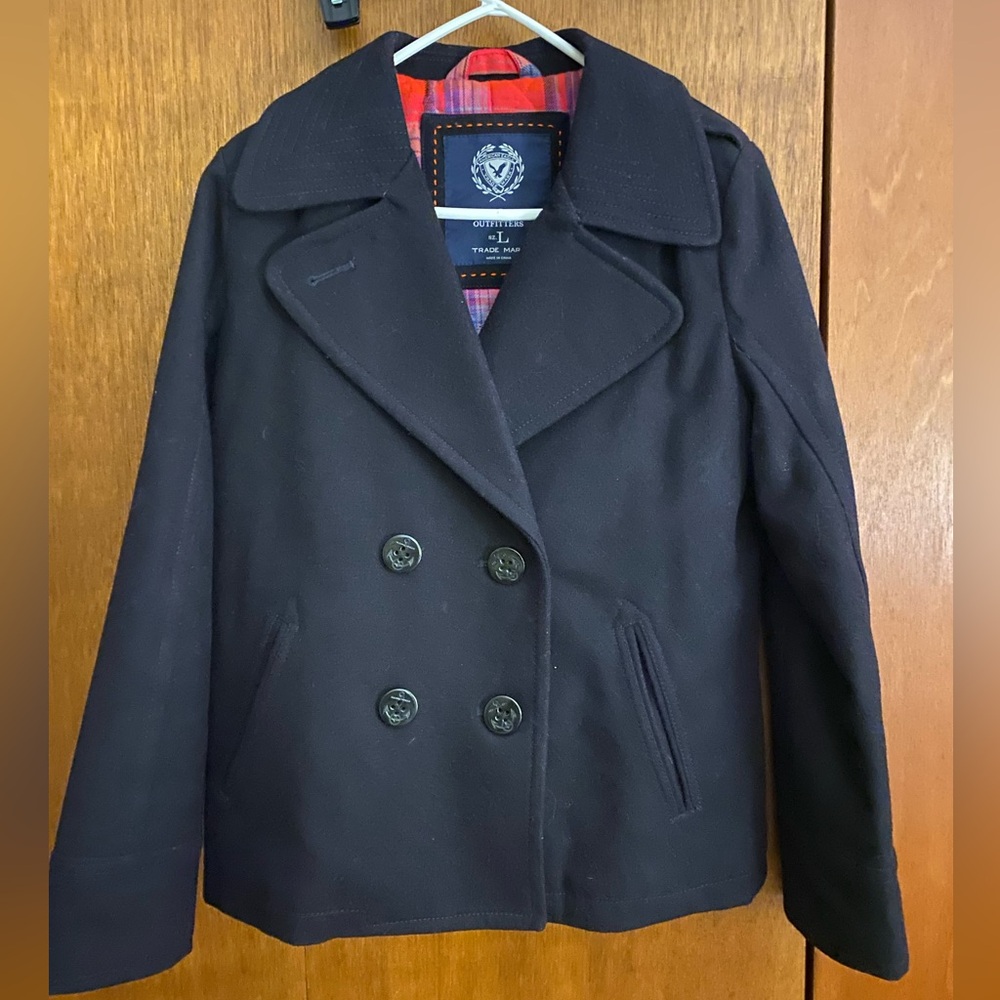 American eagle navy pea coat size L flannel/ quilted lining